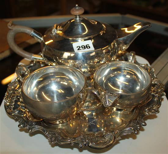 George V silver 3 piece tea set and an inscribed salver
